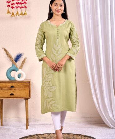 image of model frontside for olive green kurti